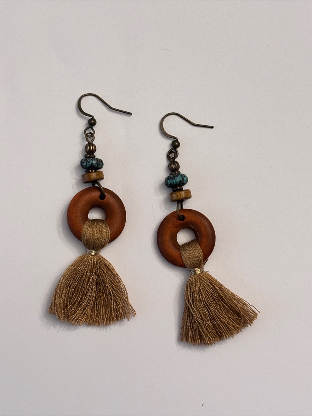 Boho Brown Wood Ring Tassel Earrings